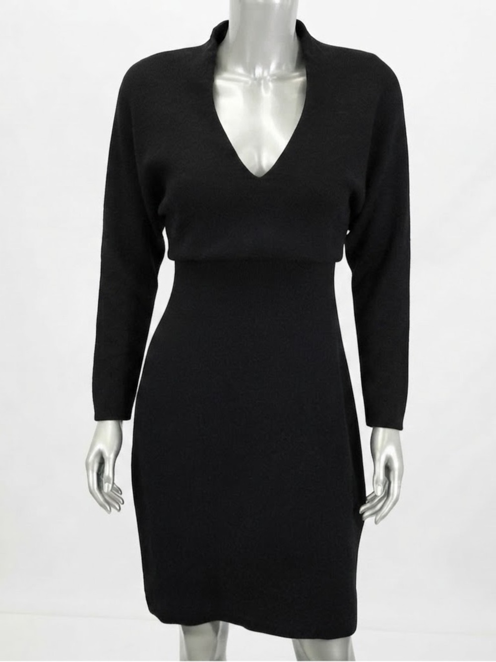 Rubin Singer Black V Neck Draped Long Sleeve Sheath Cocktail Dress No Size